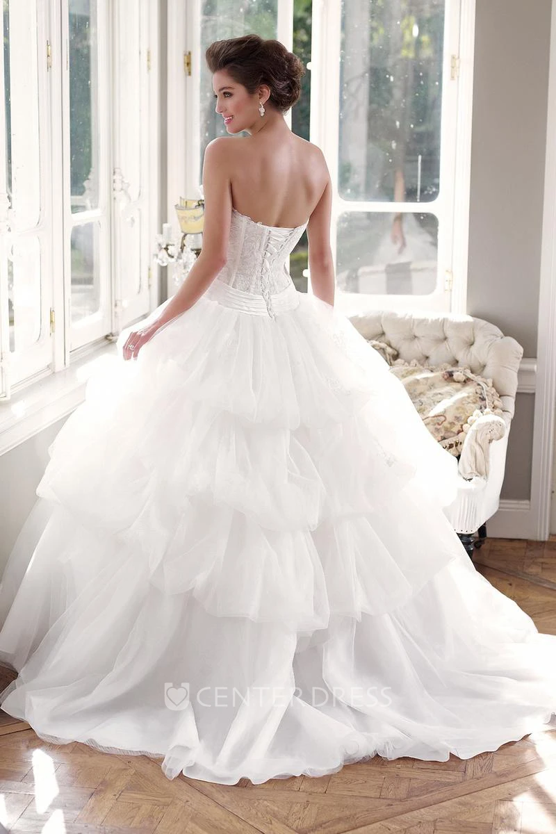 Ball Gown Sweetheart Pick-Up Long Tulle Wedding Dress With Lace And Tiers