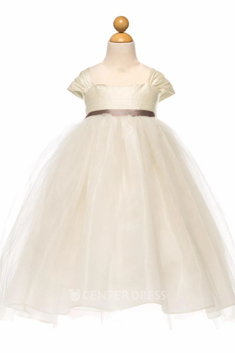 Tea-Length Empire Cap-Sleeve Ruched Tulle&Satin Flower Girl Dress
