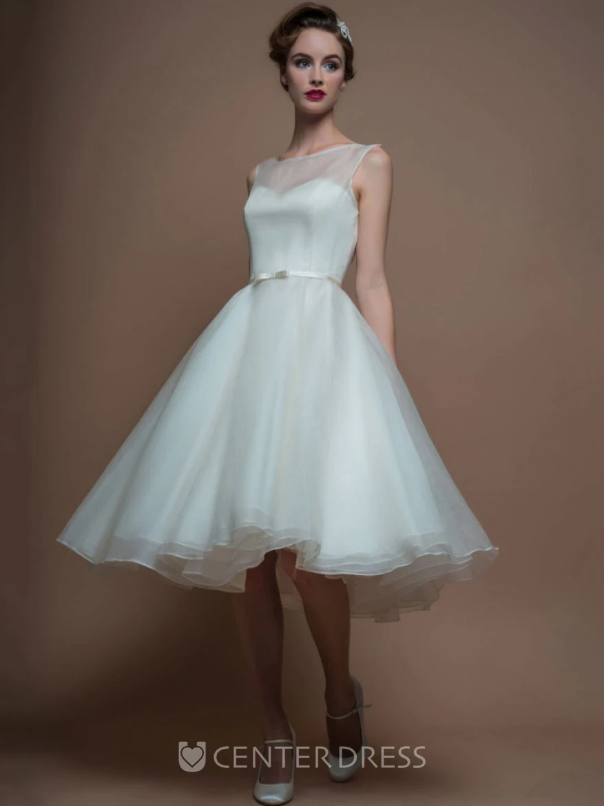 A-Line Tea-Length Sleeveless Bateau-Neck Organza Wedding Dress With Illusion