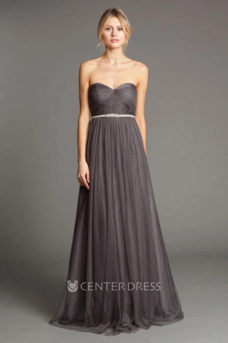 A-Line Sleeveless Maxi Sweetheart Ruched Tulle Bridesmaid Dress