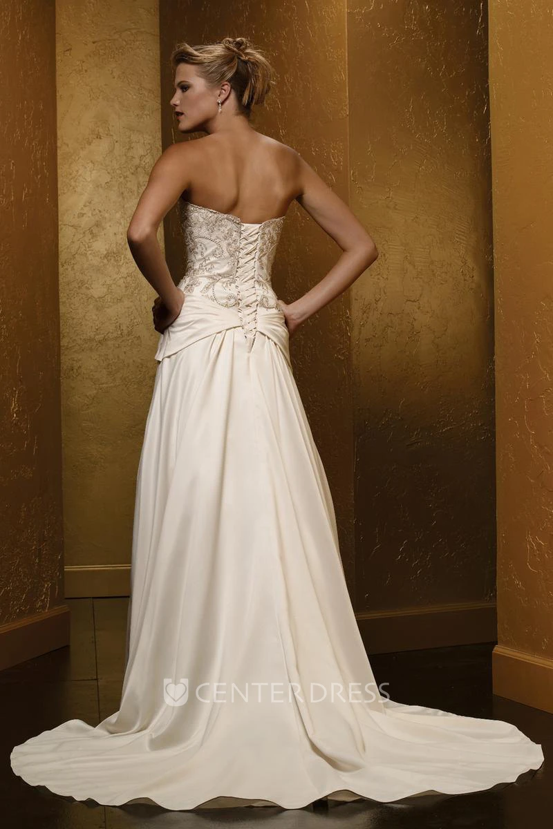 A-Line Sleeveless Beaded Floor-Length Strapless Satin Wedding Dress With Broach And Lace-Up Back