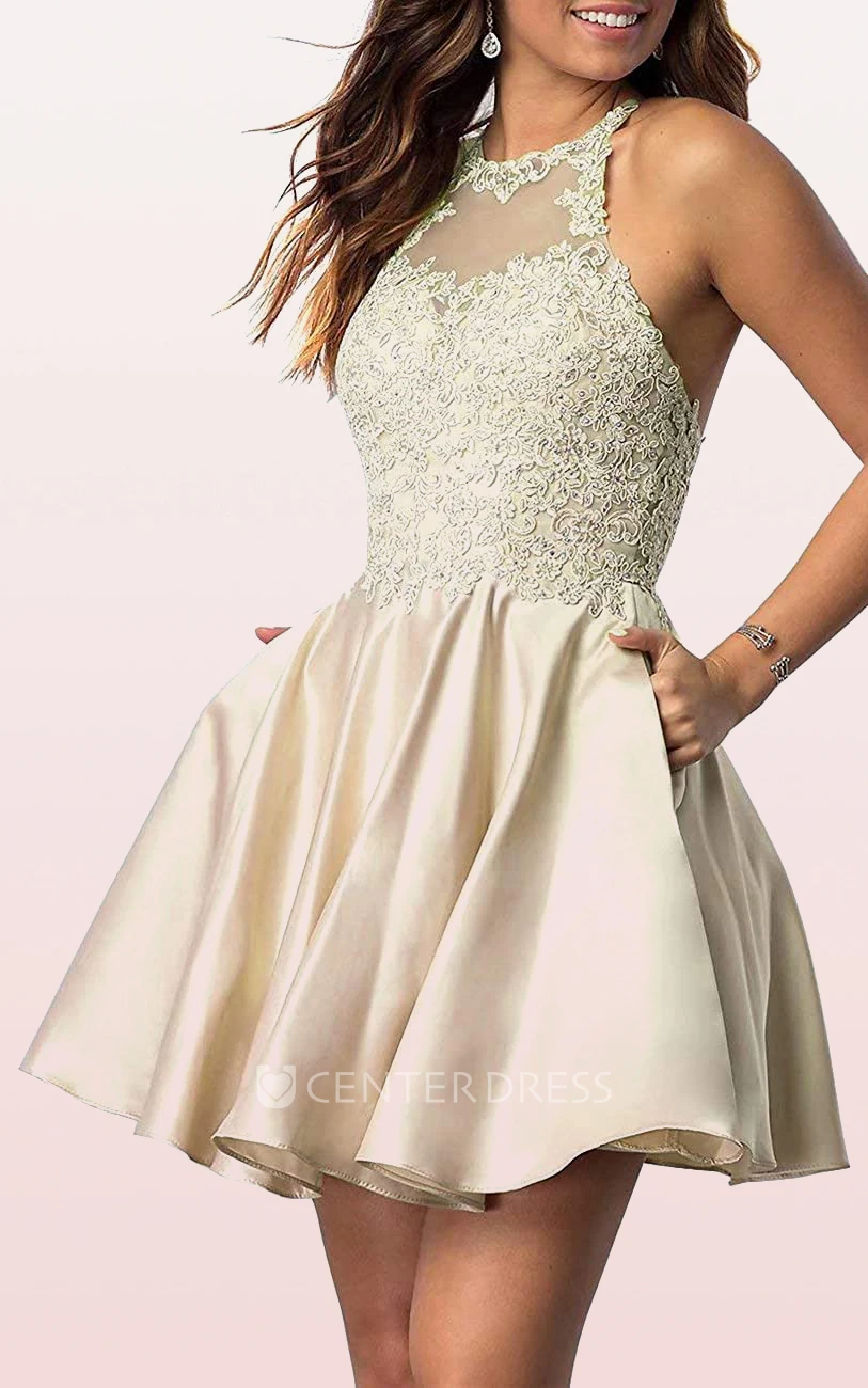Sexy A Line Satin Lace Jewel Sleeveless Homecoming Dress with Appliques