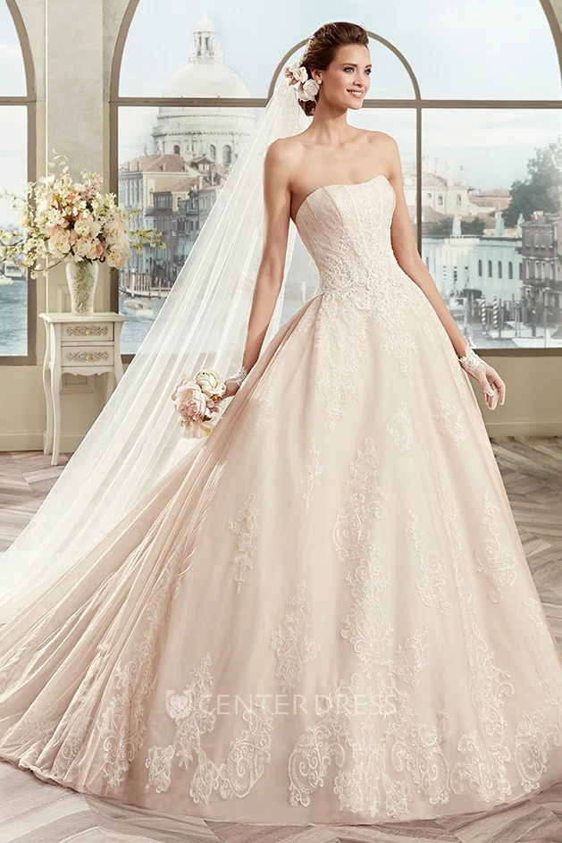 Lovely Strapless A-Line Bridal Gown With Fine Appliques And Open Back