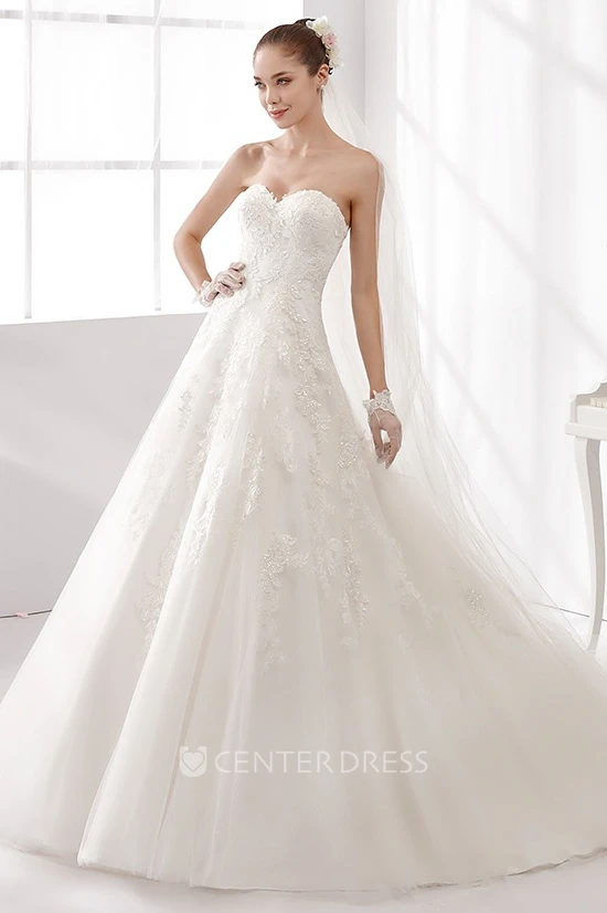 Sweetheart Lace A-Line Gown With Beaded Lace Appliques And Brush Train