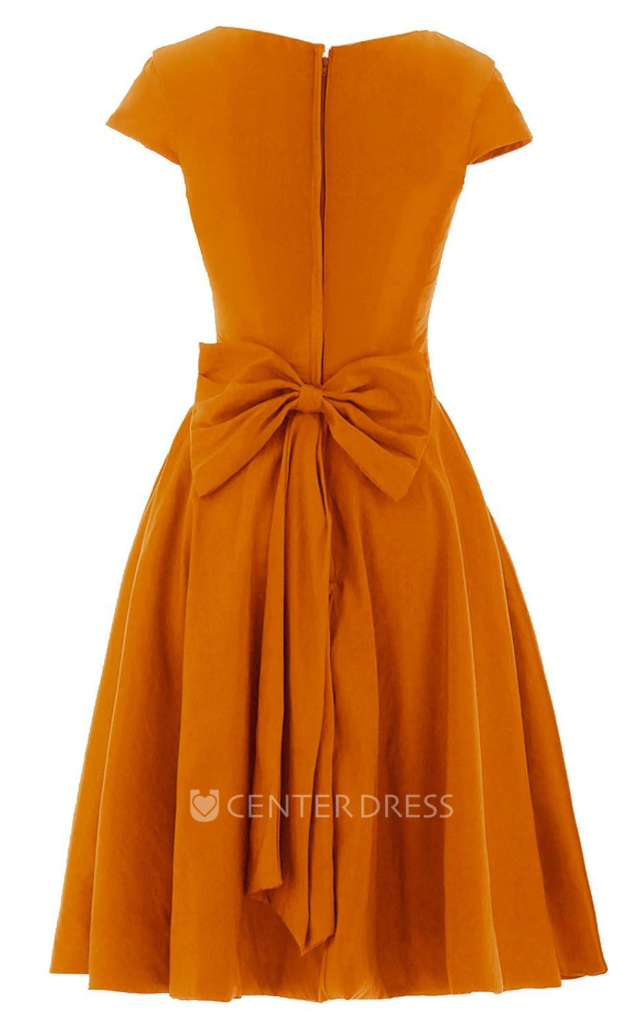 Short Sleeve Knee-length Pleated Chiffon Dress With Bowknot