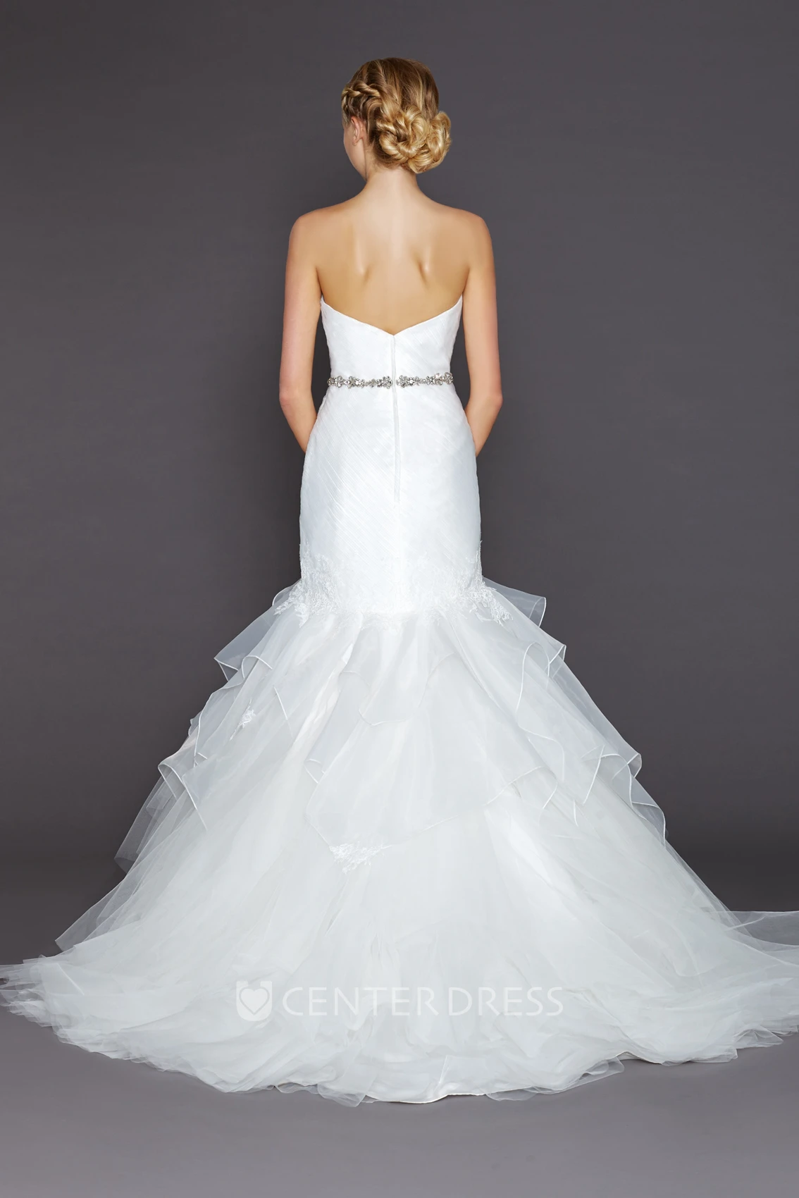 A-Line Strapless Jeweled Tulle Wedding Dress With Ruffles And Lace