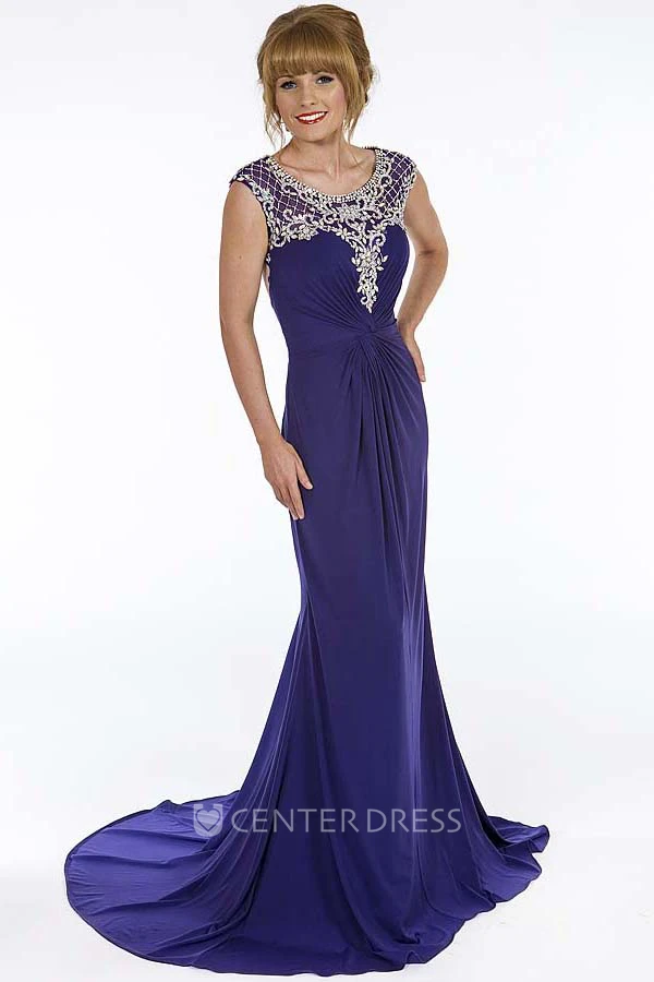 Sheath Scoop-Neck Floor-Length Cap-Sleeve Ruched Chiffon Prom Dress With Beading