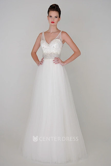 A-Line Beaded V-Neck Floor-Length Sleeveless Tulle Wedding Dress With Waist Jewellery