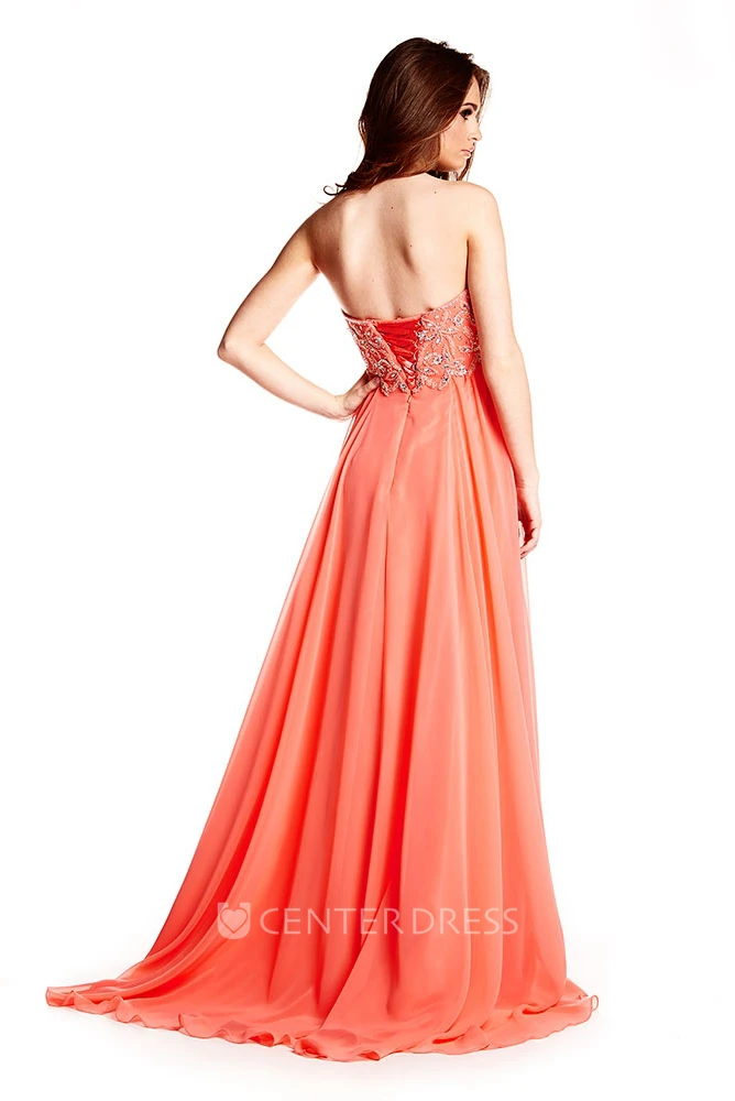 Strapless Beaded Chiffon Prom Dress With Brush Train