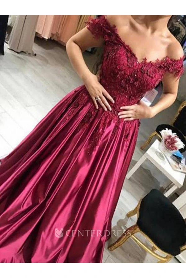 Cap Short Sleeve Floor-length A-Line Off-the-shoulder Satin Lace Dress