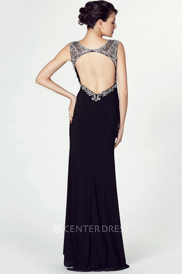 Floor-Length V-Neck Beaded Sleeveless Jersey Prom Dress