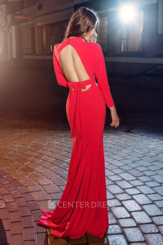 Sheath Floor-Length High Neck Long Sleeve Chiffon Keyhole Dress