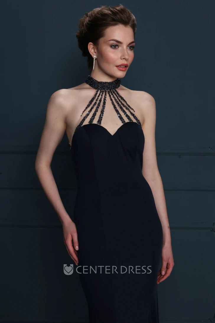 Sheath Floor-Length Sleeveless Beaded Jersey Evening Dress