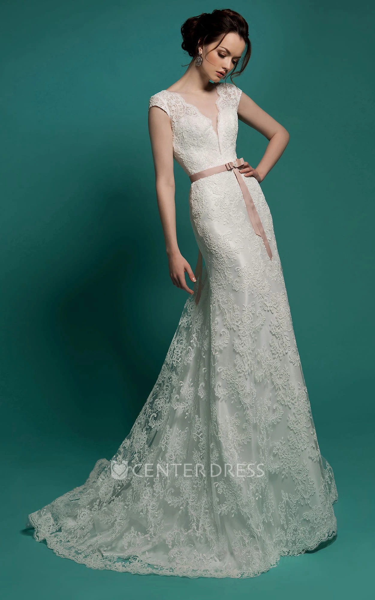 Mermaid Floor-Length V-Neck Cap-Sleeve Zipper Lace Dress With Sash And Detachable Train