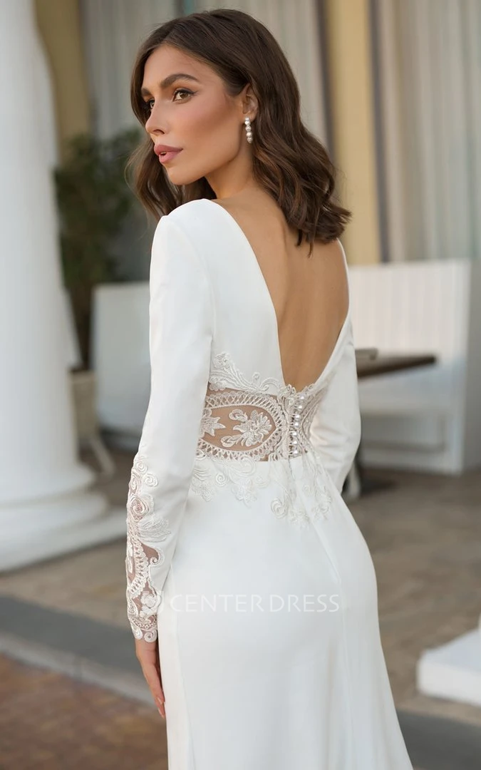 Satin V-neck Sheath Long Sleeve Sweep Train Open Back Warm Wedding Dress With Split Front