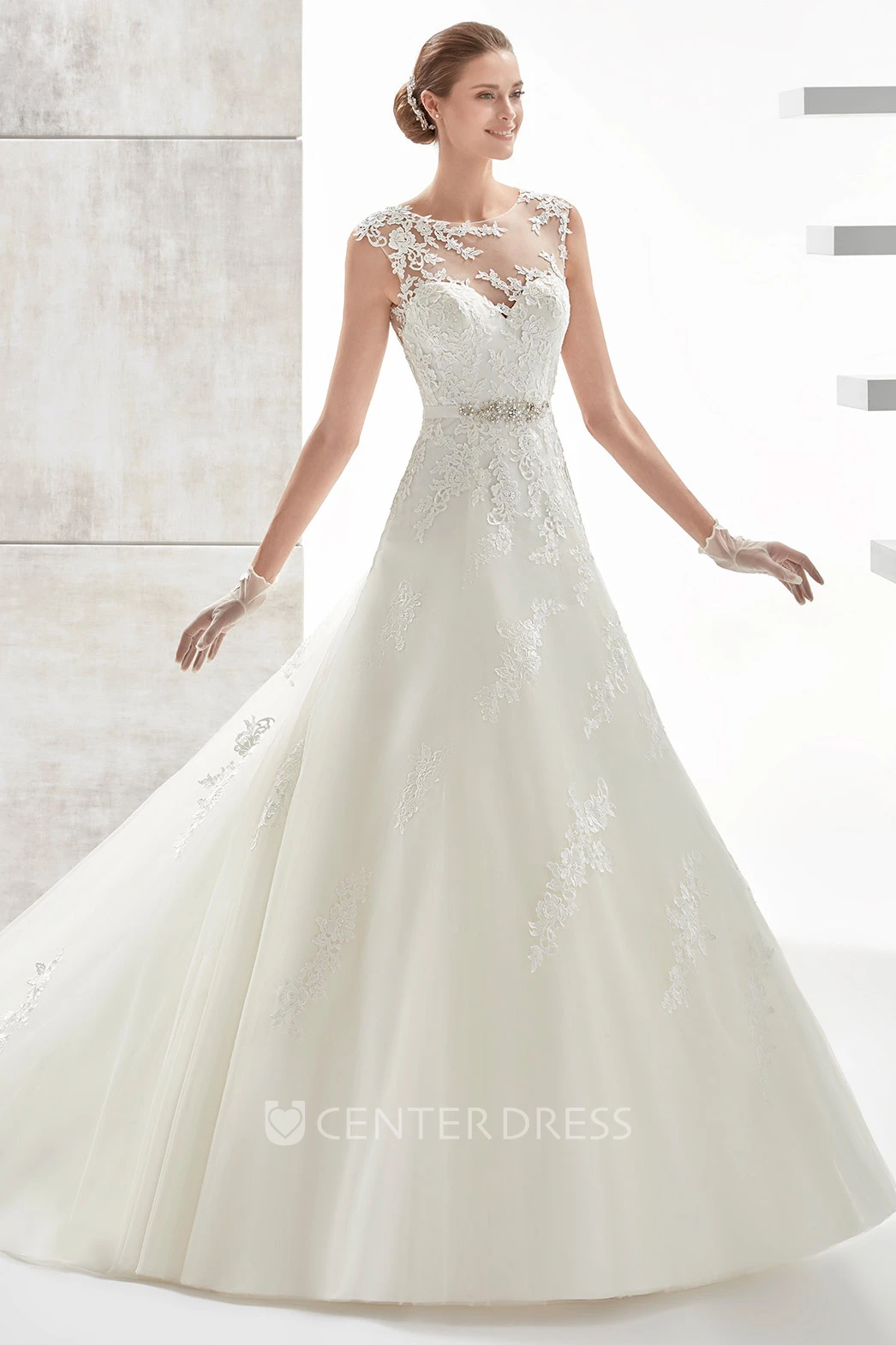 Jewel-neck A-line Warm Wedding Dress With Beaded Belt and Illusive Design