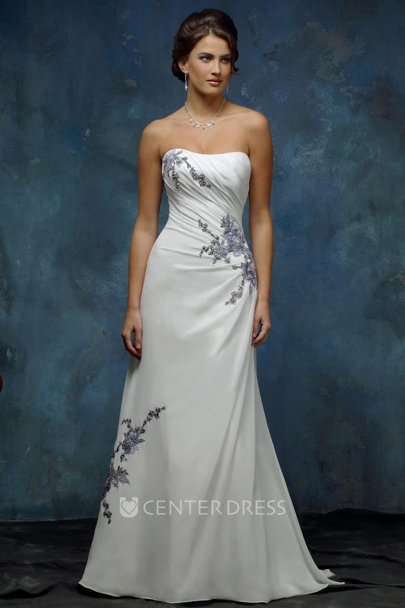 A-Line Sleeveless Floor-Length Side-Draped Strapless Chiffon Wedding Dress With Appliques And Corset Back