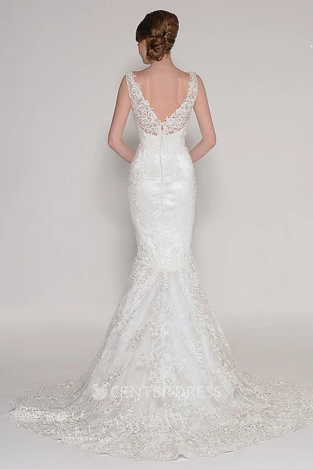 Mermaid Sleeveless Jeweled V-Neck Lace Winter Wedding Dress