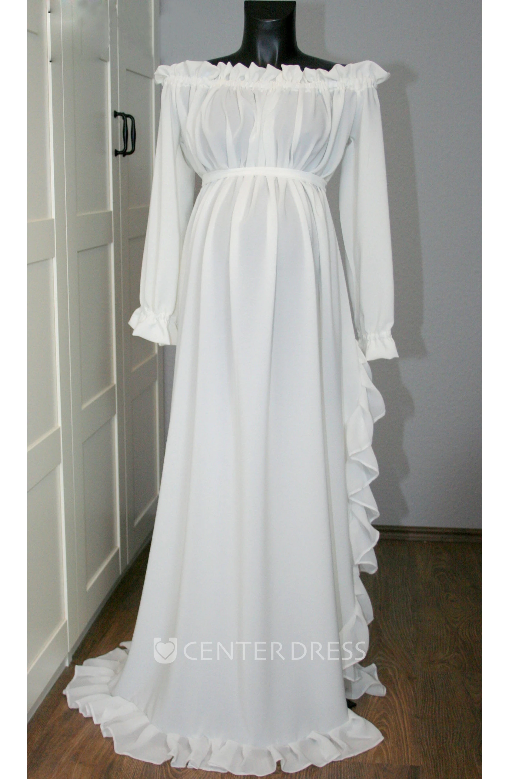 A Line Sweep Brush Train Long Sleeve Empire Maternity Wedding Dress