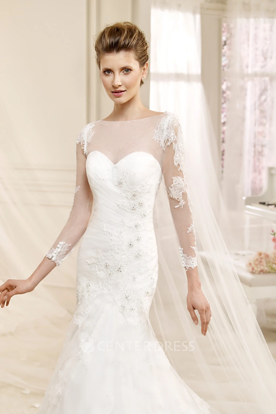 Long-sleeve Illusive Sheath Wedding Dress with Mermaid Style and Appliques 