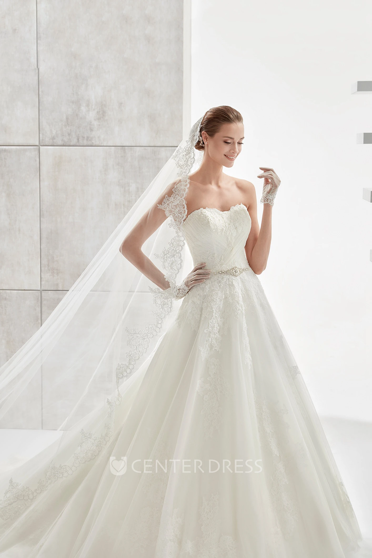 Strapless A-line Wedding Dress With Beaded Belt and Lace-up Back