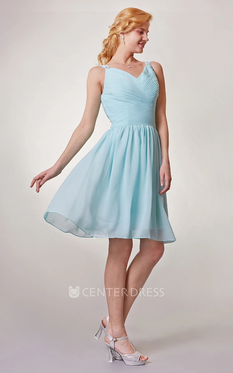 Chiffon V Neck Short Bridesmaid Dress with Ruching