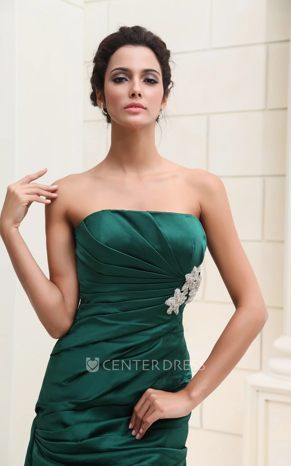 Unique Strapless Sleeveless Satin Ruched Formal Dress With Pick-Up Ruffles