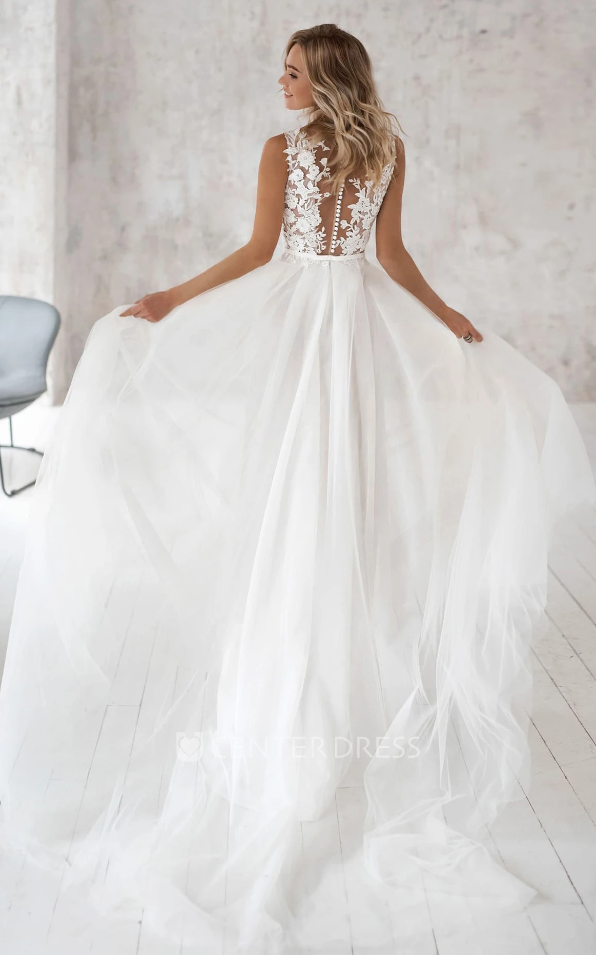 Romantic A Line Lace and Tulle V-neck Sweep Train Wedding Dress with Appliques