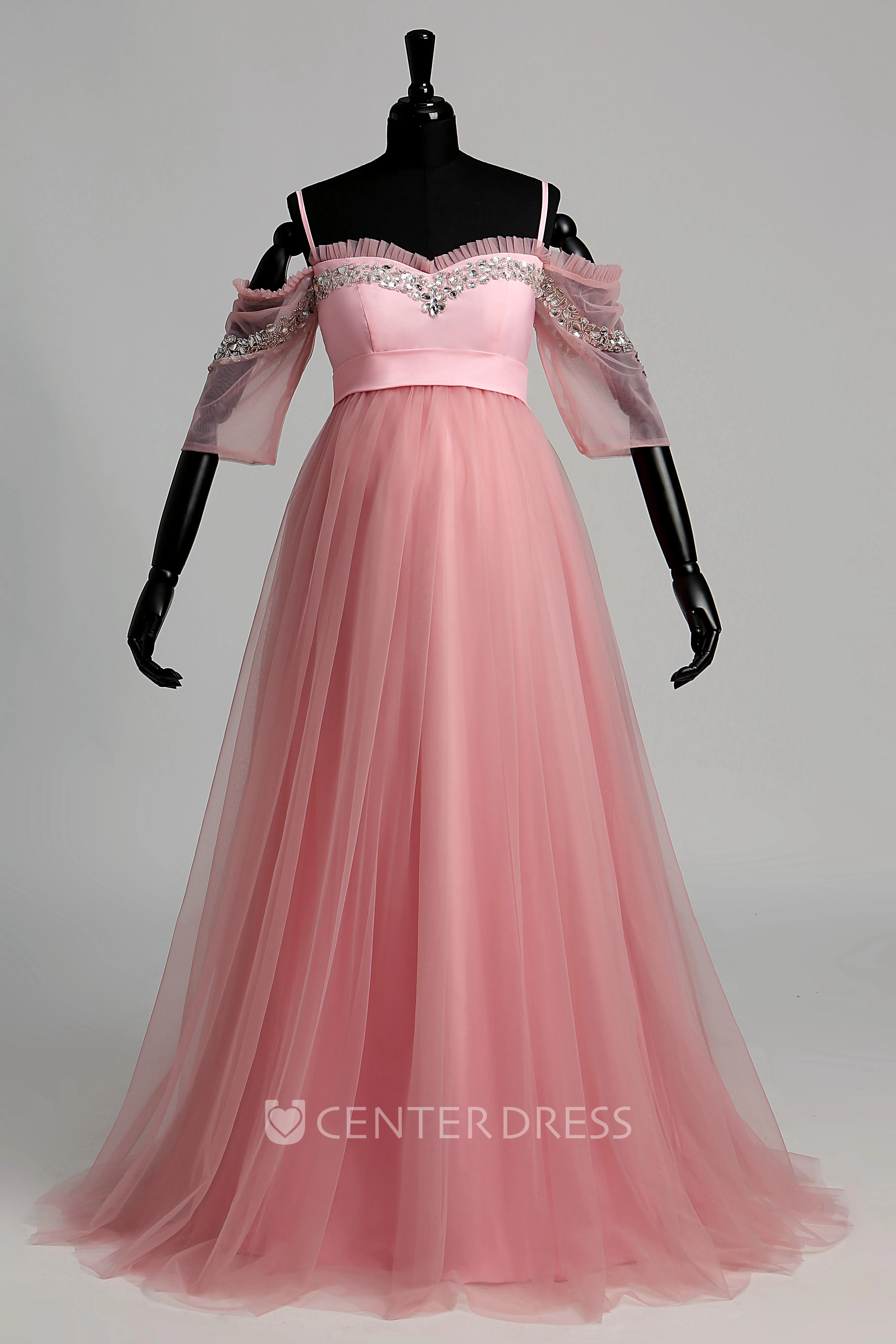 A-line Sweep Brush Train Beading Ruffles Tulle Maternity Dress