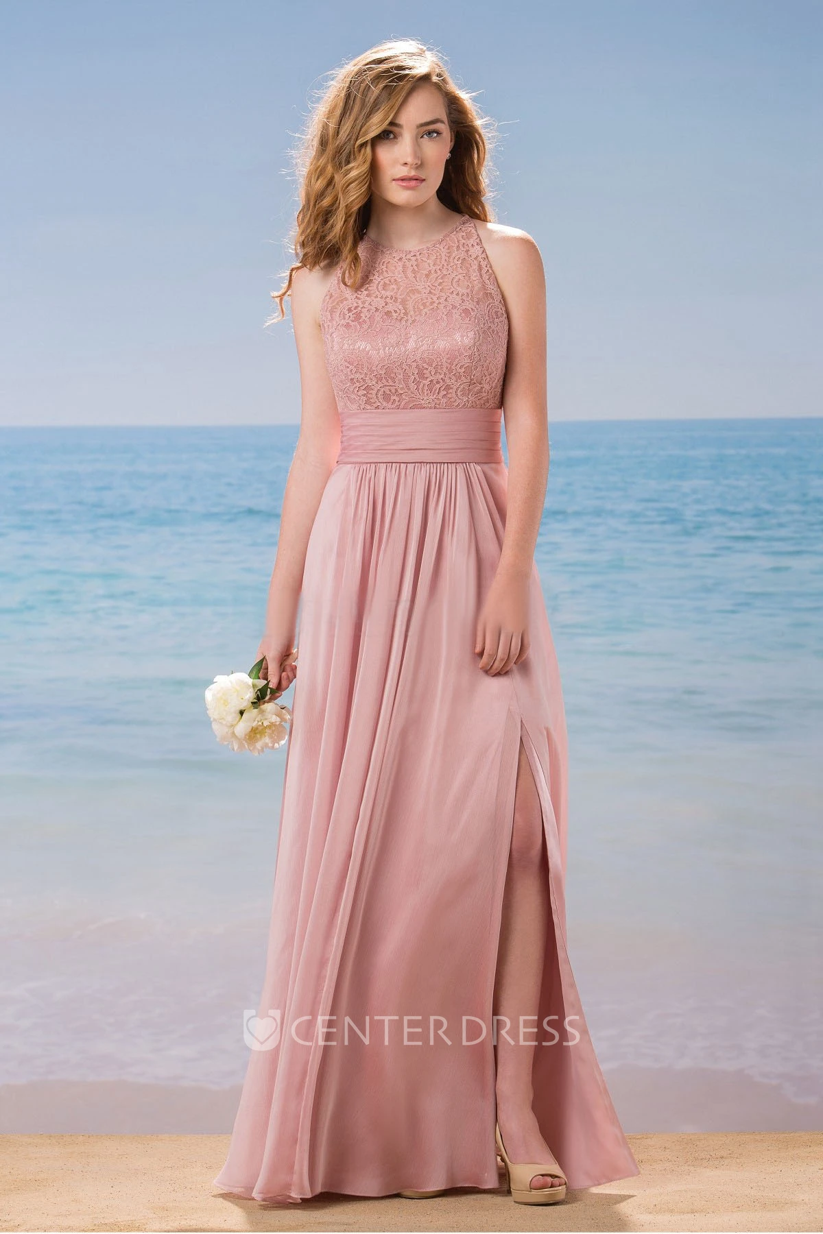 High-Neck A-Line Gown With Front Slit And Keyhole Back