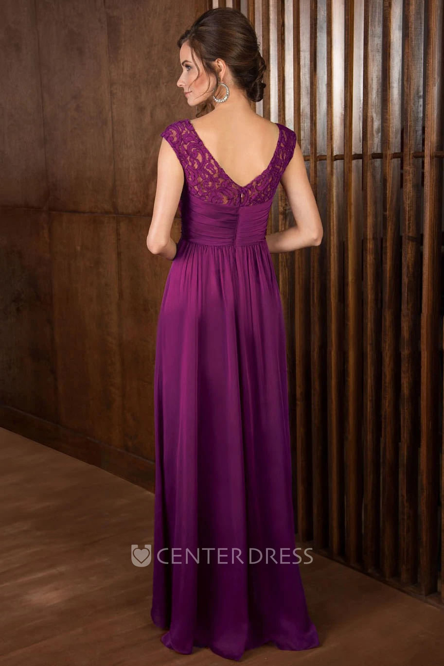 Cap-Sleeved A-Line Floor-Length Mother Of The Bride Dress With V-Back