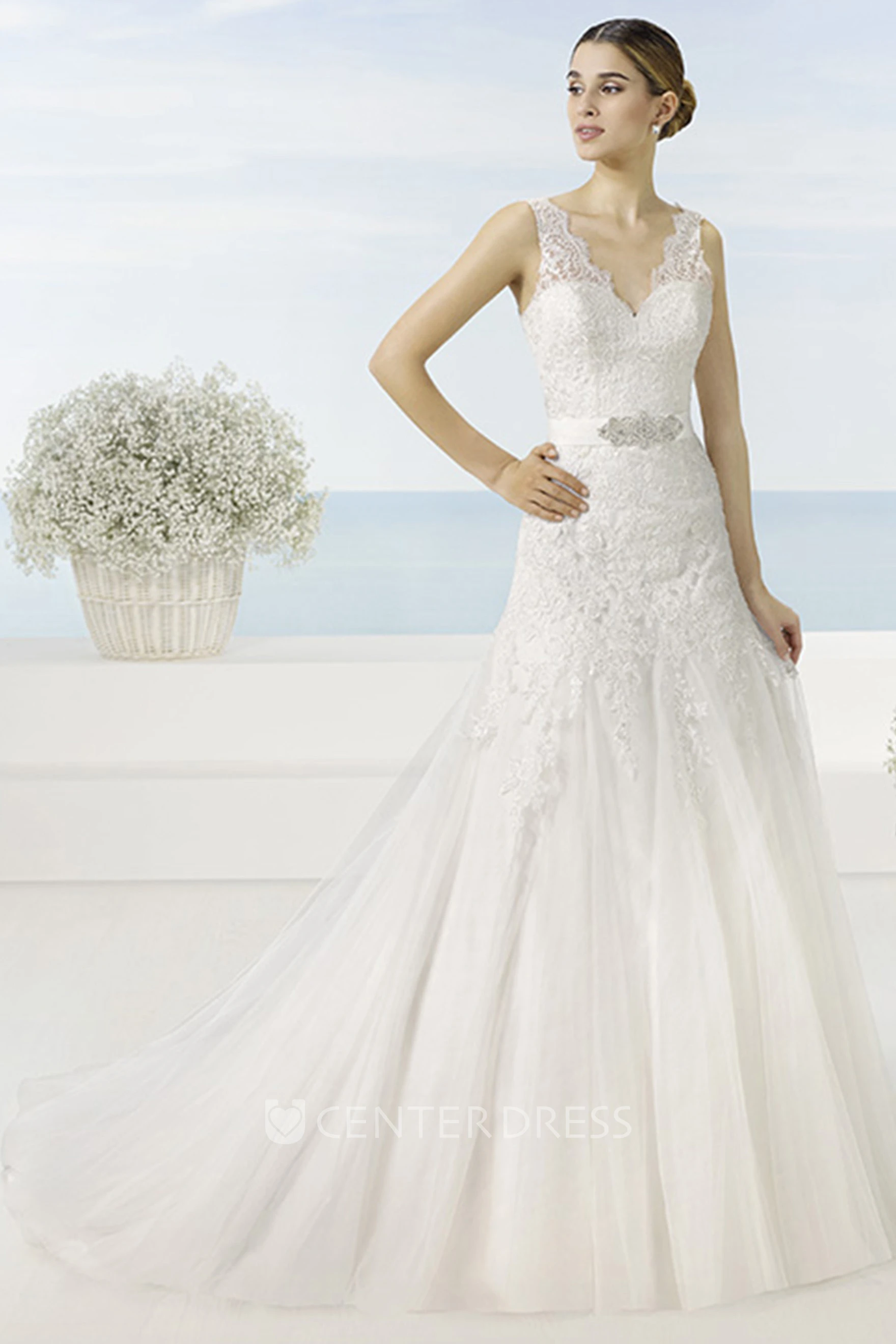 A-Line V-Neck Sleeveless Appliqued Long Lace&Tulle Wedding Dress With Waist Jewellery And Pleats
