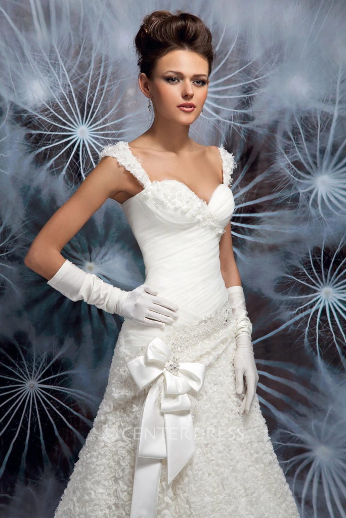 A-Line Ruffled Queen-Anne Floor-Length Wedding Dress With Criss Cross And Bow