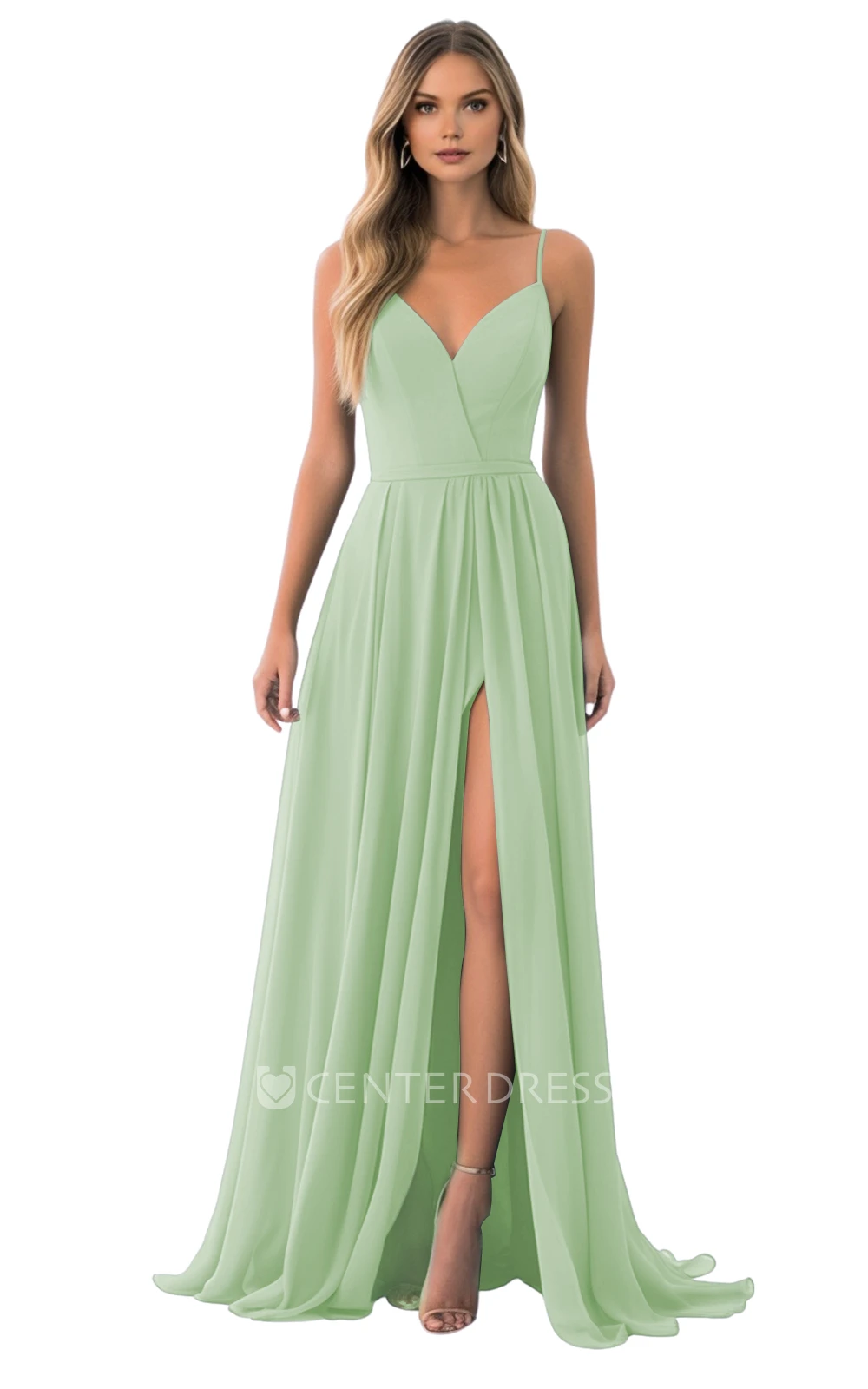 Spaghetti Chiffon Bridesmaid Dress with A-Line and Split Front Classy and Beautiful