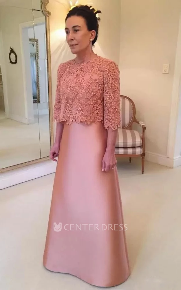 Modest A Line 3/4 Length Sleeve Floor-length Satin Mother of the Bride Dress with Bow