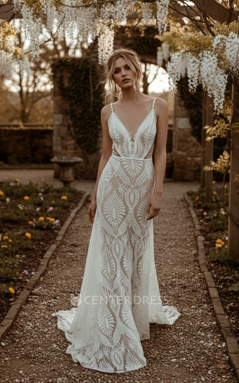 Graceful Charming Beach Mermaid Boho Lace Wedding Dress Sexy Elopement Spaghetti Strap Plunging Gown