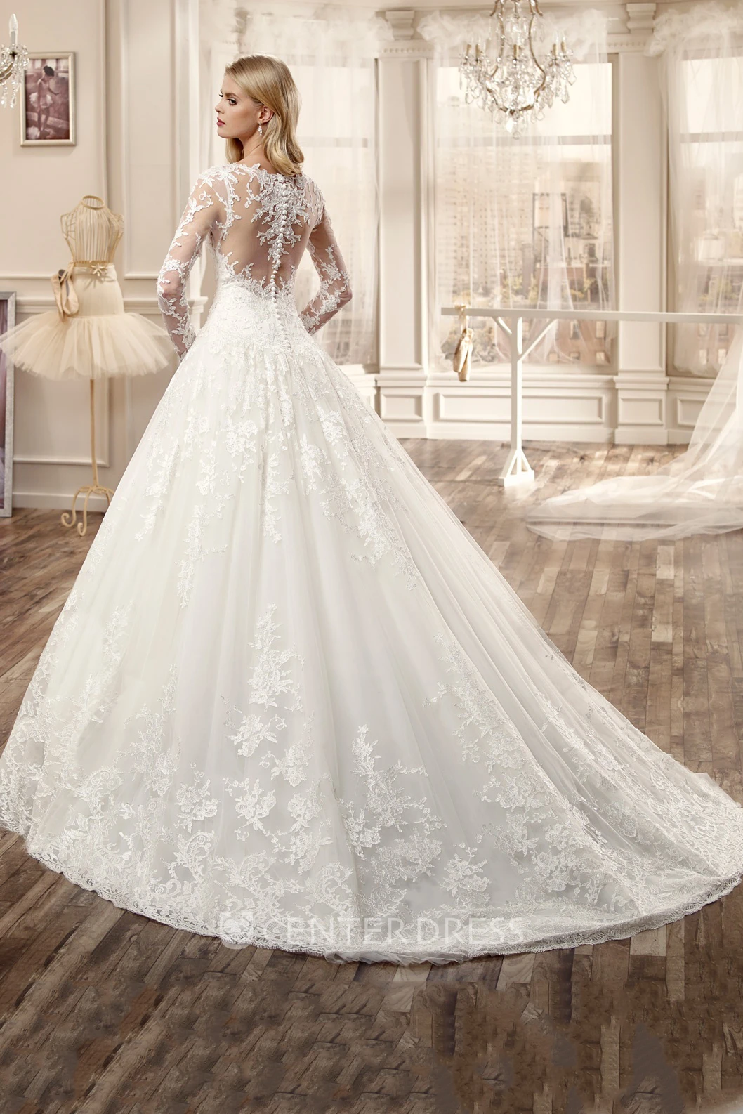 Long-Sleeve A-line Wedding Dress with Brush Train and Appliques