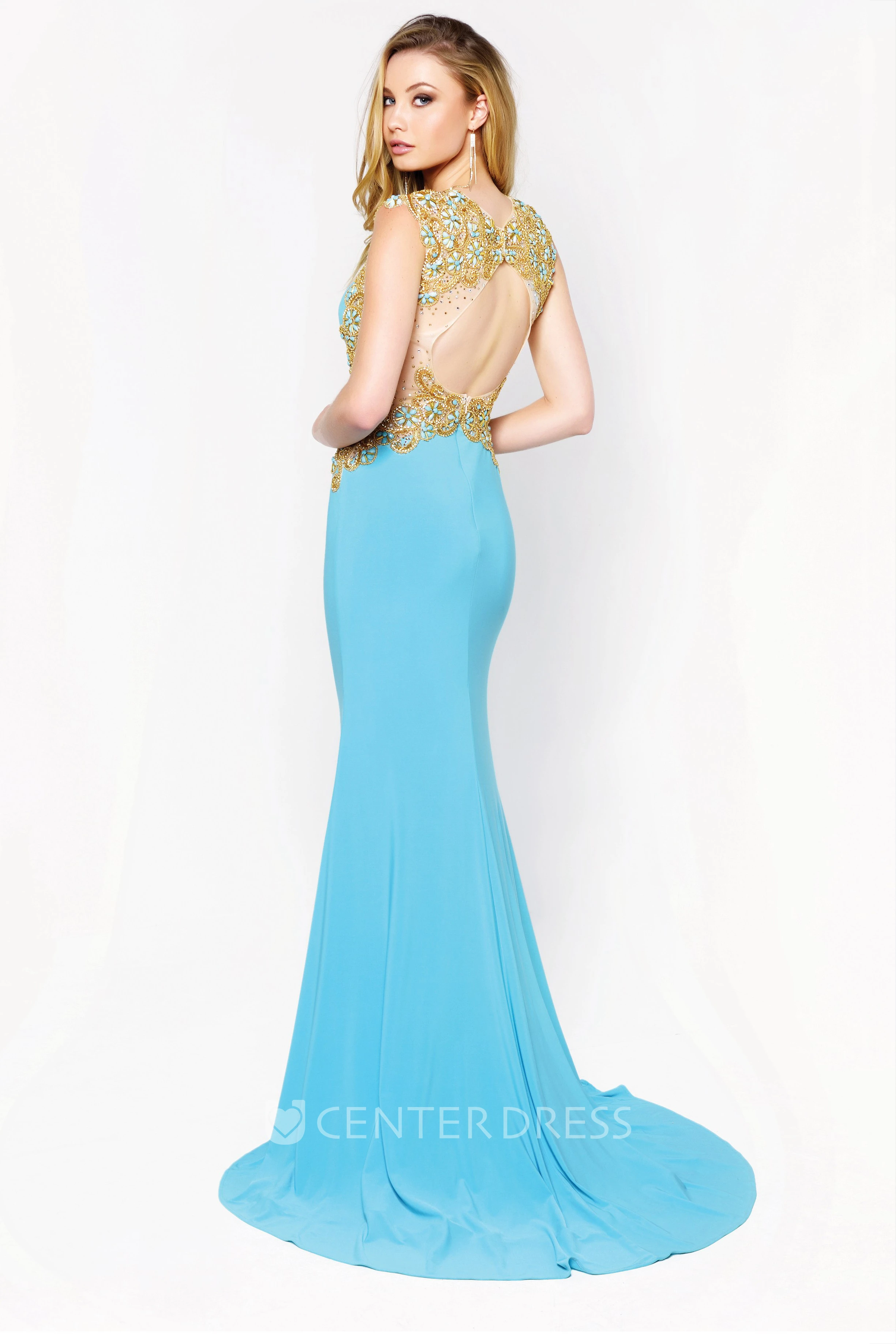 Sheath Scoop-Neck Sleeveless Jersey Keyhole Dress With Beading