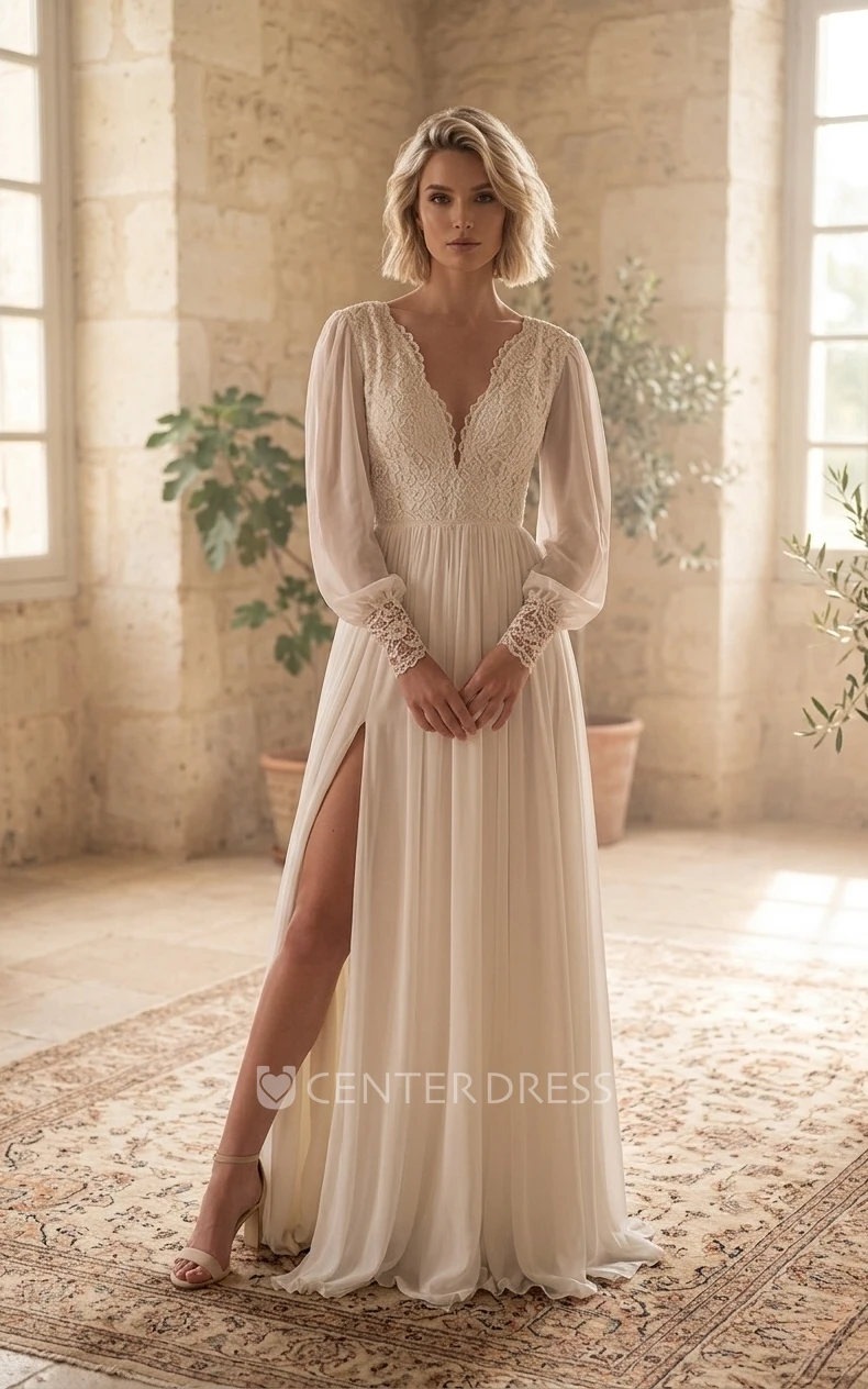 Vintage Elegant A-Line Boho Lace Chiffon Long Sleeve Sashed Spring Wedding Dress with Sexy Split Front V-Neck Low Back Court Train