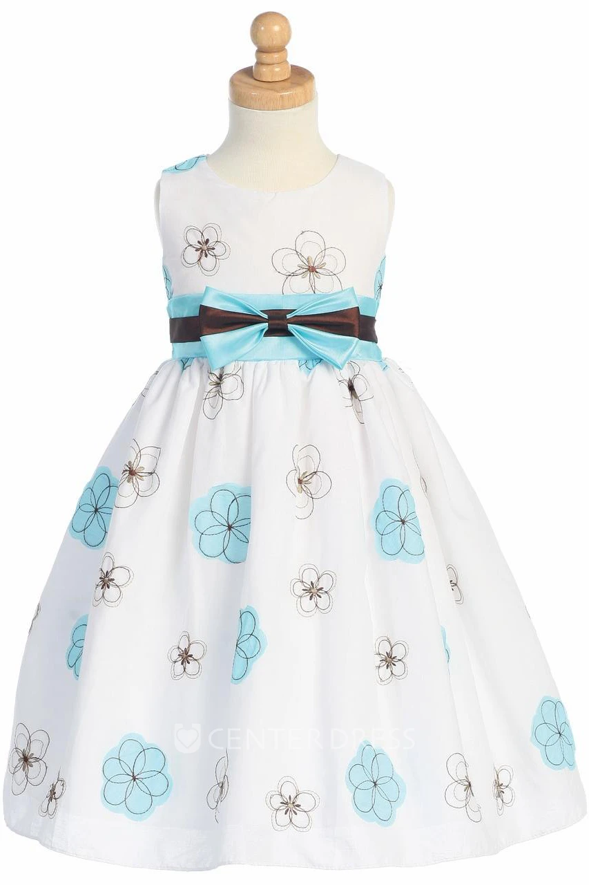 Tea-Length Bowed Embroideried Taffeta Flower Girl Dress
