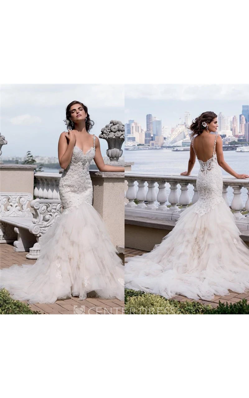 Trumpet Short Sweetheart Sleeveless Bell Beading Appliques Chapel Train Backless Tulle Lace Dress