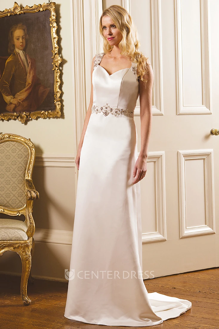 Sheath Beaded Sleeveless Straps Long Satin Winter Wedding Dress With Illusion Back And Waist Jewellery