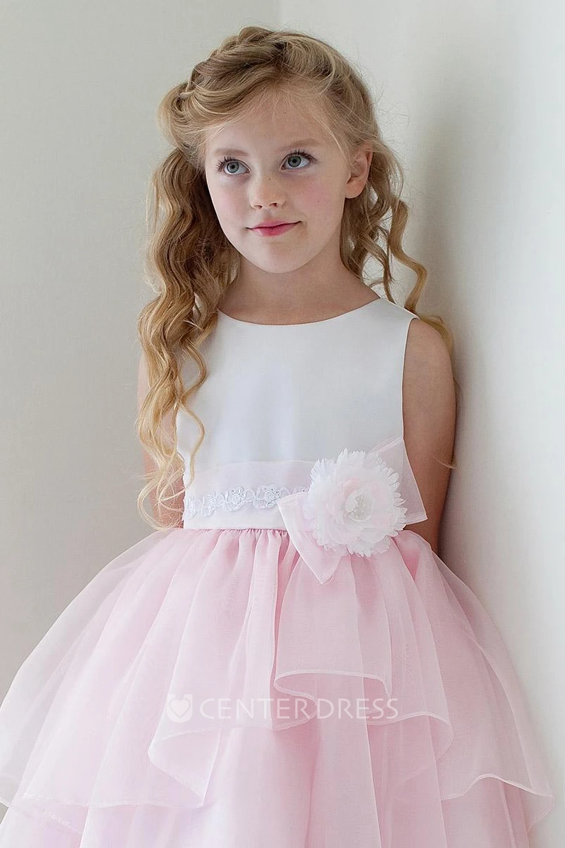Floral Tea-Length Appliqued Bowed Lace&Organza Flower Girl Dress With Tiers