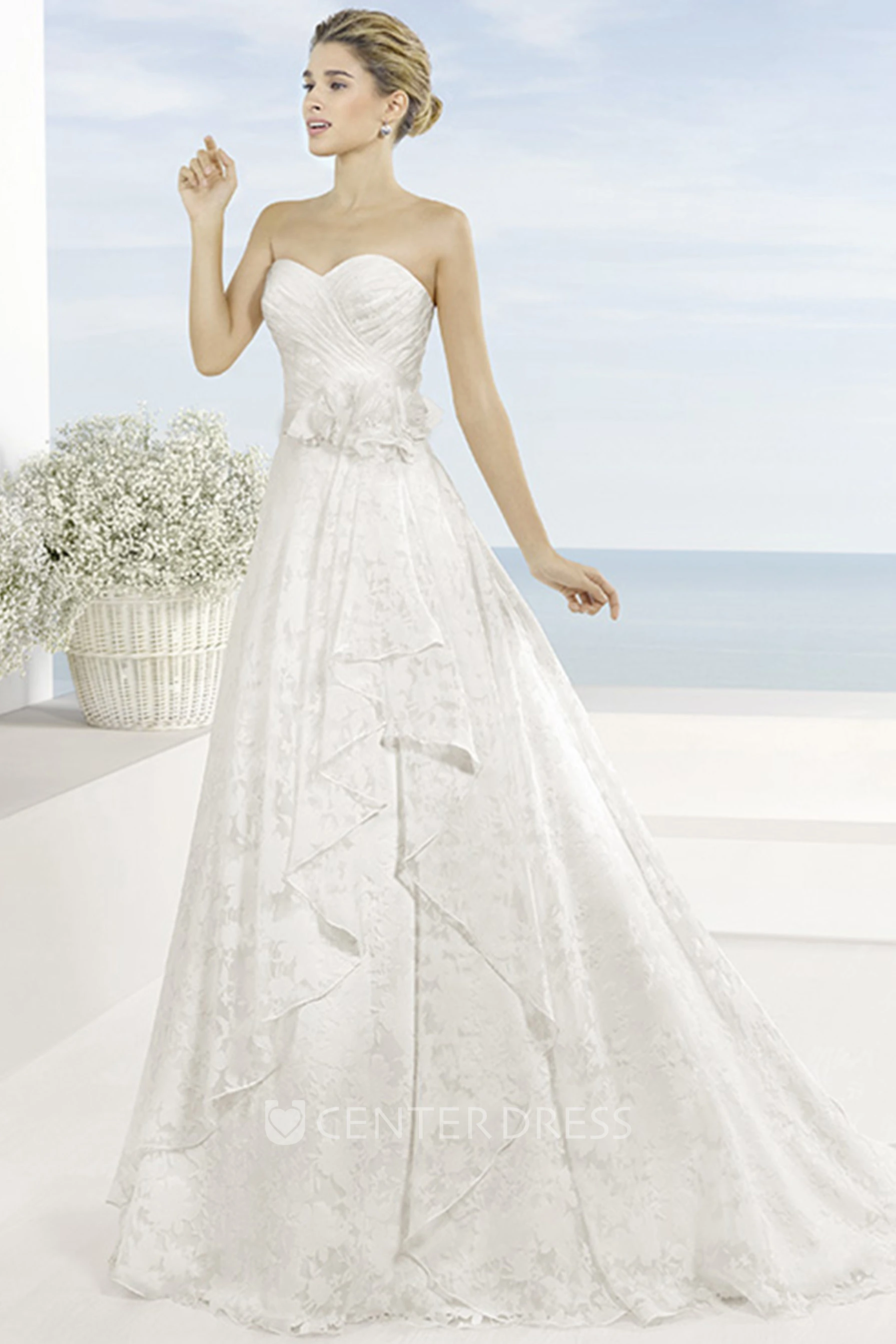 A-Line Sweetheart Lace Wedding Dress With Criss Cross And Draping