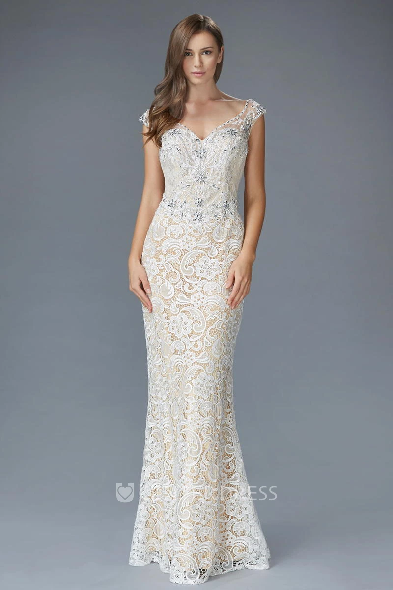Sheath Floor-Length V-Neck Cap-Sleeve Lace Low-V Back Dress With Beading