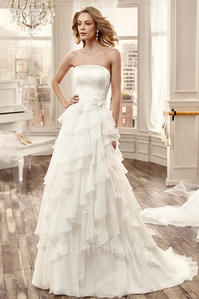 Strapless Long Wedding Dress With Cascading Ruching And Side Floral Waist
