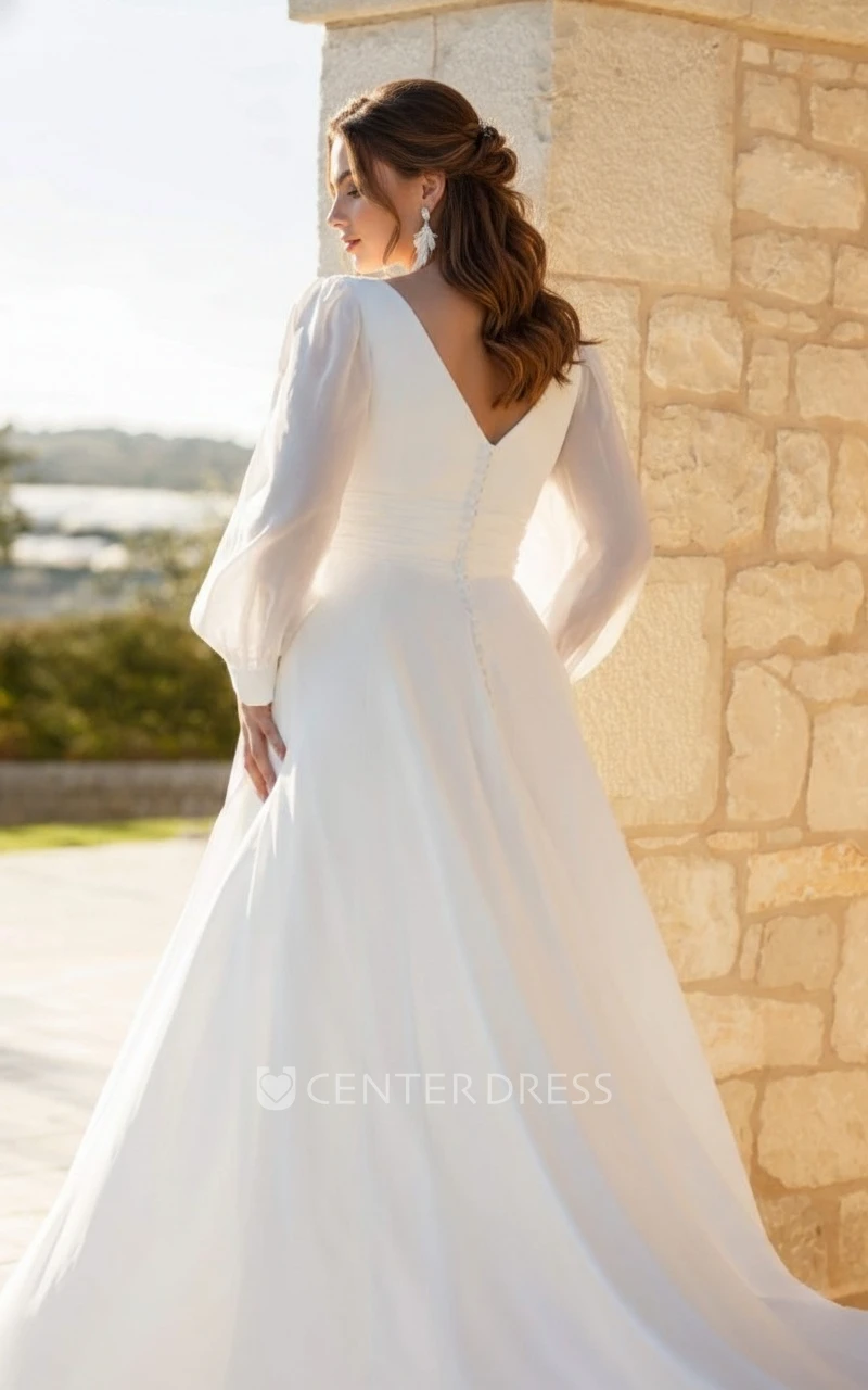 Modern Plus Size Chiffon Wedding Dress with Long Sleeves and V-Neck A-Line Bridal Gown
