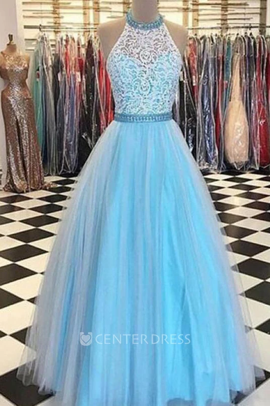 Sleeveless Floor-length A-Line High Neck Lace Tulle Dress