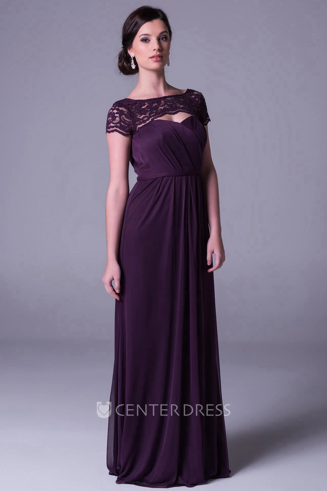 Short Sleeve Bateau Neck Caped Chiffon Bridesmaid Dress With Lace And Ruching