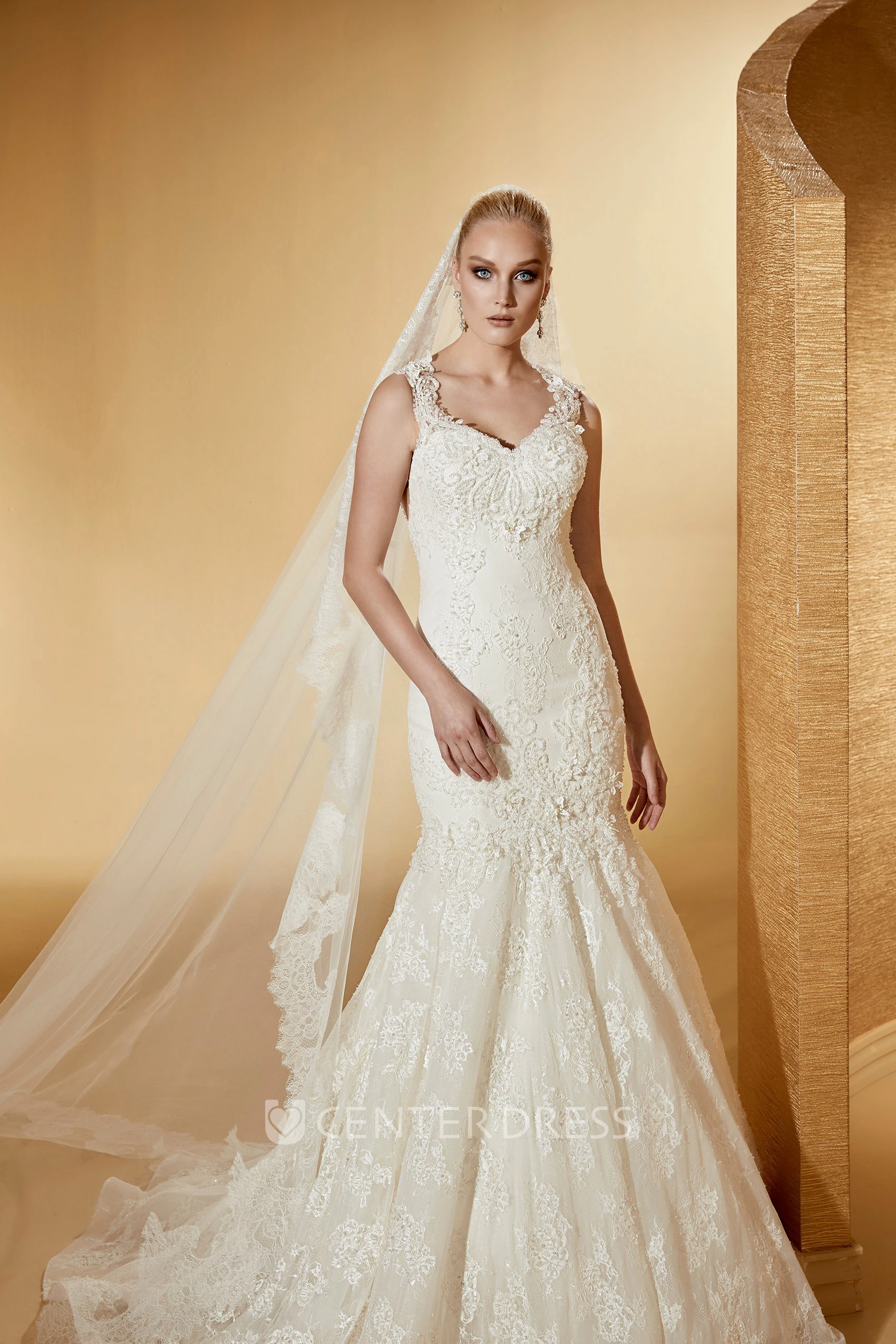 Sassy V-Neck Mermaid Lace Long Wedding Dress With Appliques Straps And Brush Train